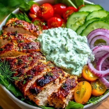 Grilled chicken tzatziki power bowl with fresh vegetables and sauce