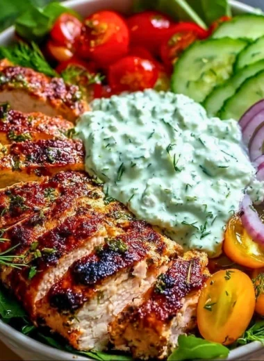 Grilled chicken tzatziki power bowl with fresh vegetables and sauce