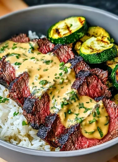 Grilled steak bowl with sauce and grilled zucchini served in a bowl