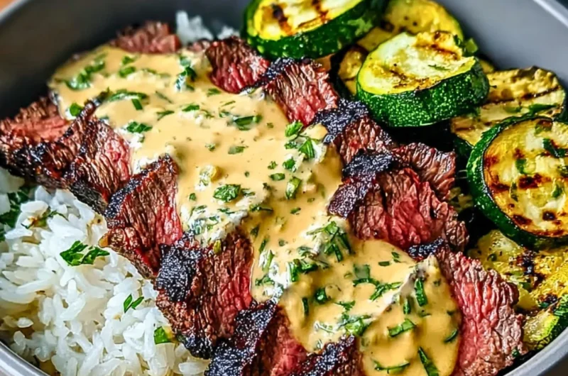 Grilled steak bowl with sauce and grilled zucchini served in a bowl