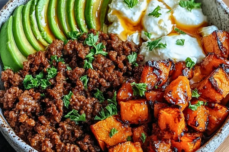 Delicious Ground Beef Hot Honey Bowl with savory beef and spicy honey drizzle