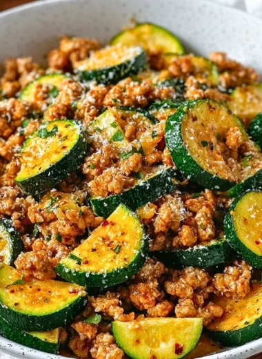 Ground Turkey and Zucchini Skillet dish prepared and ready to serve