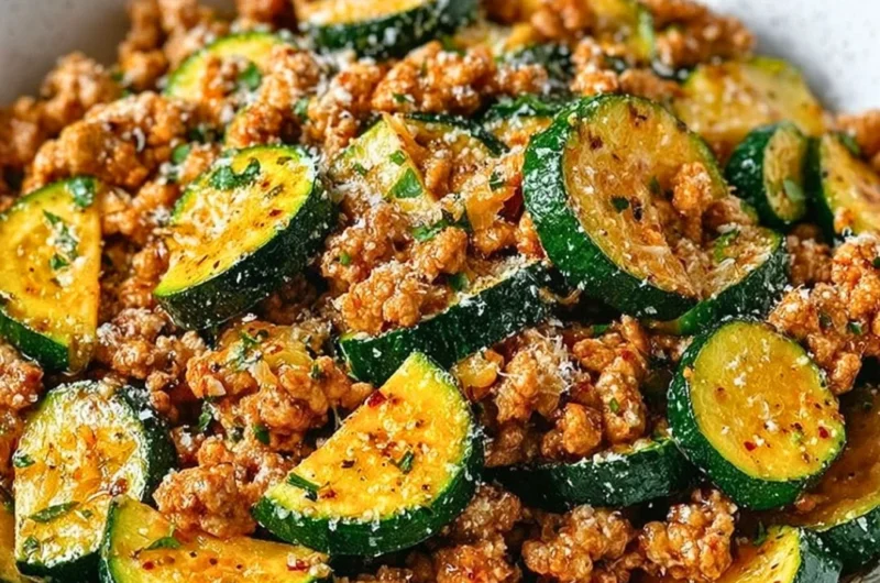 Ground Turkey and Zucchini Skillet dish prepared and ready to serve