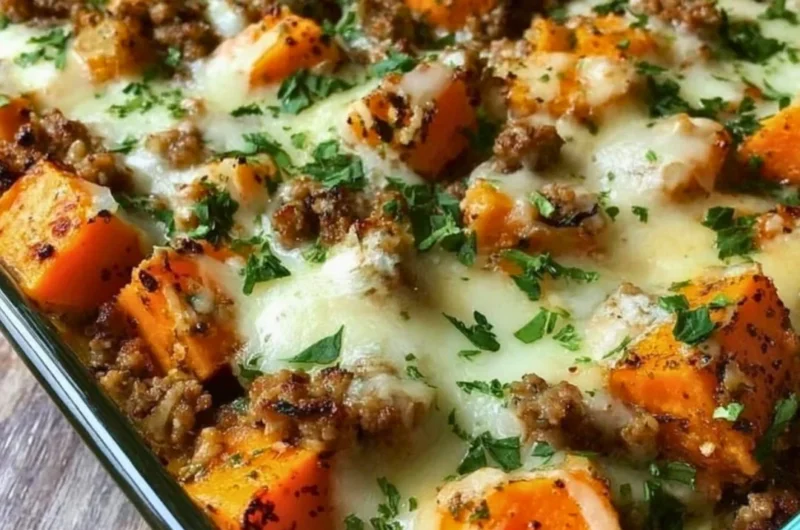 Ground Turkey Sweet Potato Bake dish featuring healthy ingredients.