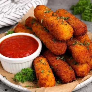 Plate of homemade mozzarella sticks served with marinara sauce