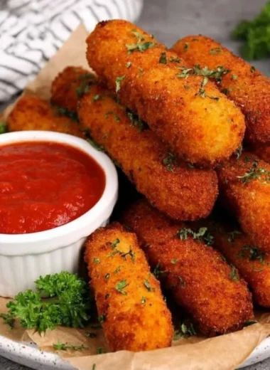 Plate of homemade mozzarella sticks served with marinara sauce