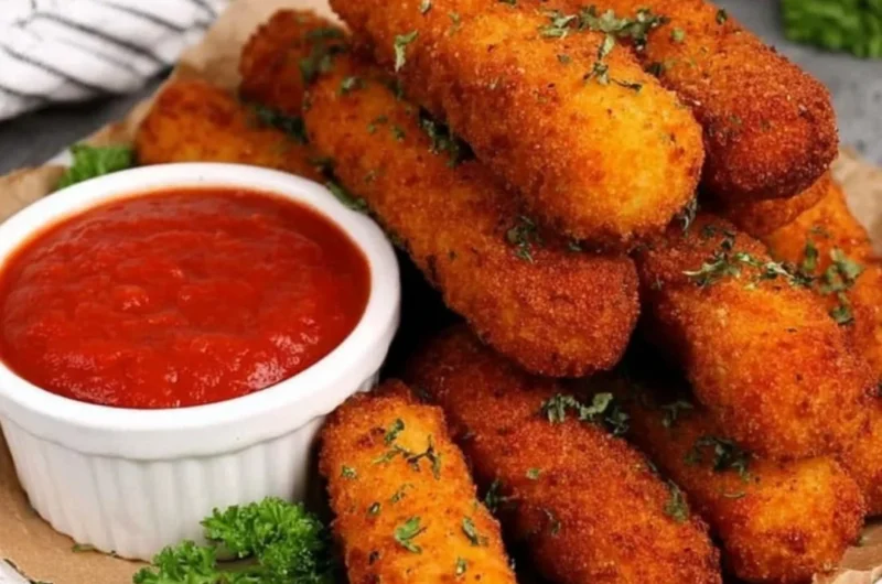Plate of homemade mozzarella sticks served with marinara sauce
