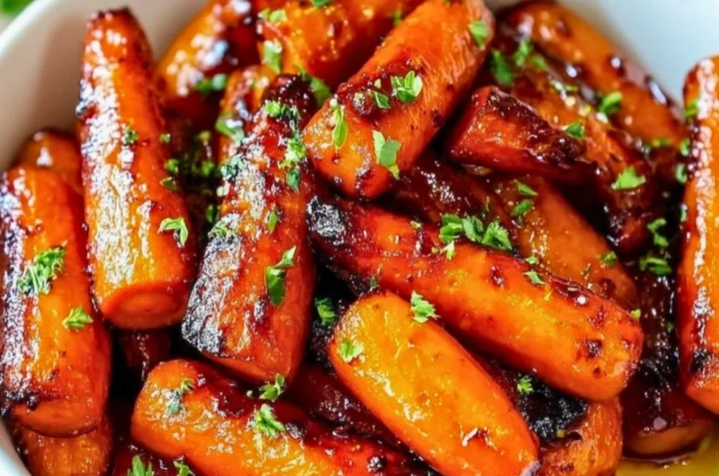 Honey garlic butter roasted carrots served on a plate