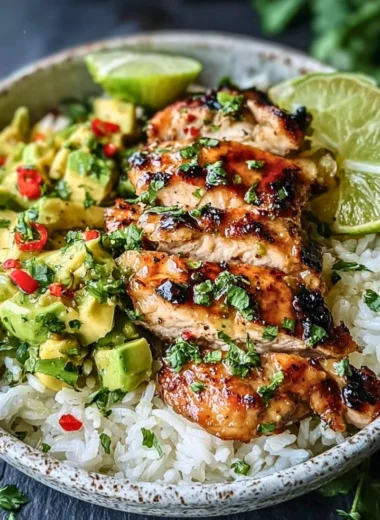 Honey Lime Chicken Avocado dish garnished with fresh ingredients
