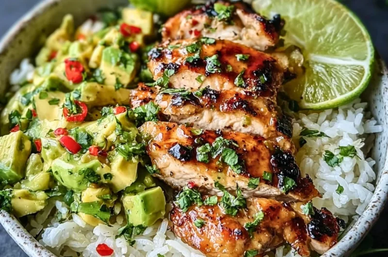 Honey Lime Chicken Avocado dish garnished with fresh ingredients