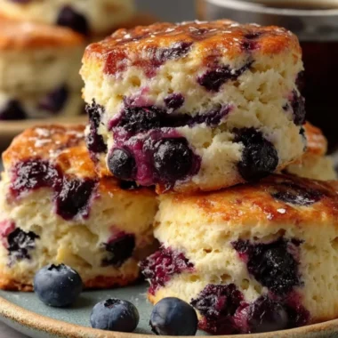 Homemade blueberry biscuits topped with fresh blueberries and butter