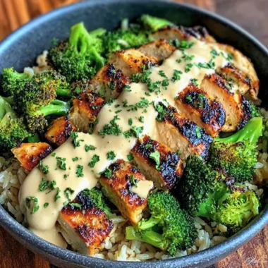 Grilled chicken and broccoli bowls topped with creamy garlic sauce.