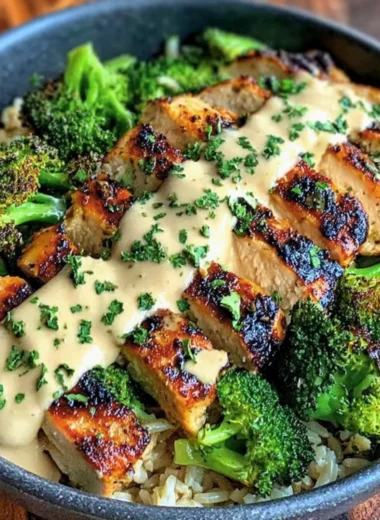 Grilled chicken and broccoli bowls topped with creamy garlic sauce.