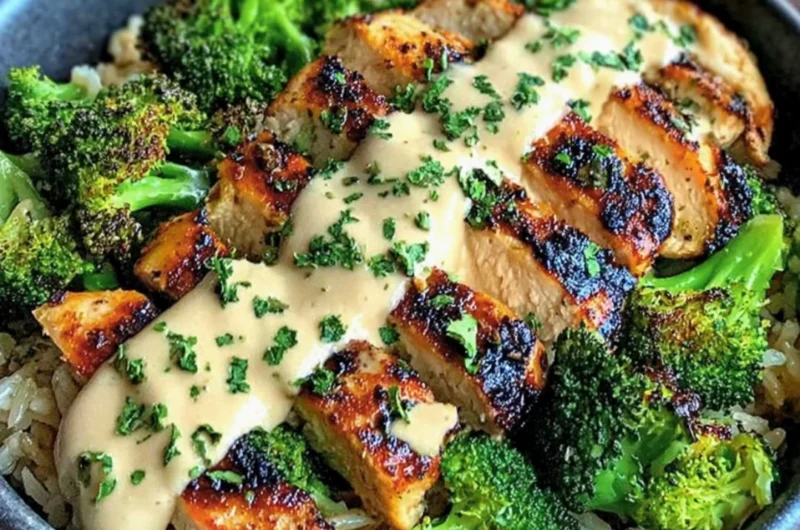 Grilled chicken and broccoli bowls topped with creamy garlic sauce.