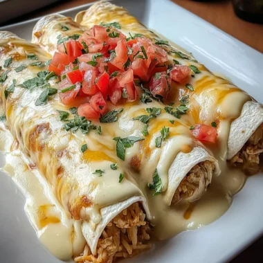 Delicious queso chicken enchiladas topped with cheese and served on a plate.