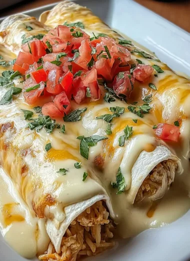 Delicious queso chicken enchiladas topped with cheese and served on a plate.