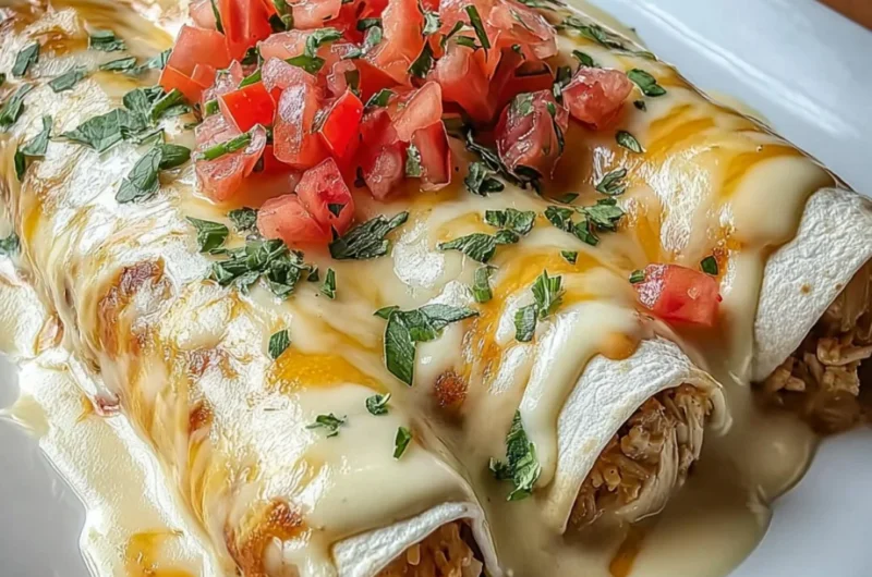 Delicious queso chicken enchiladas topped with cheese and served on a plate.