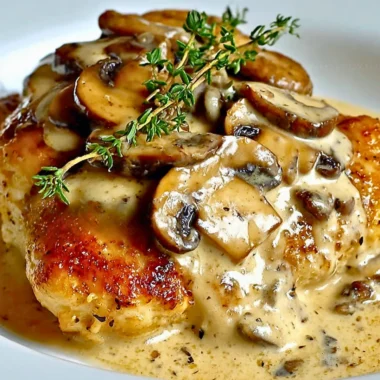 Creamy Mushroom Asiago Chicken plated with herbs and served with vegetables