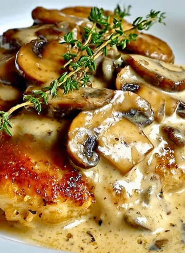 Creamy Mushroom Asiago Chicken plated with herbs and served with vegetables