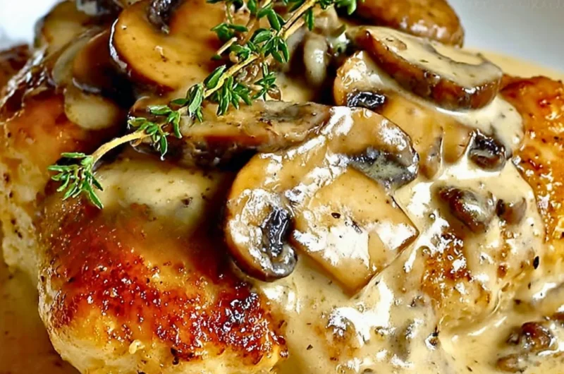 Creamy Mushroom Asiago Chicken plated with herbs and served with vegetables