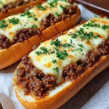 Italian garlic bread sloppy joes with melted cheese and sauce