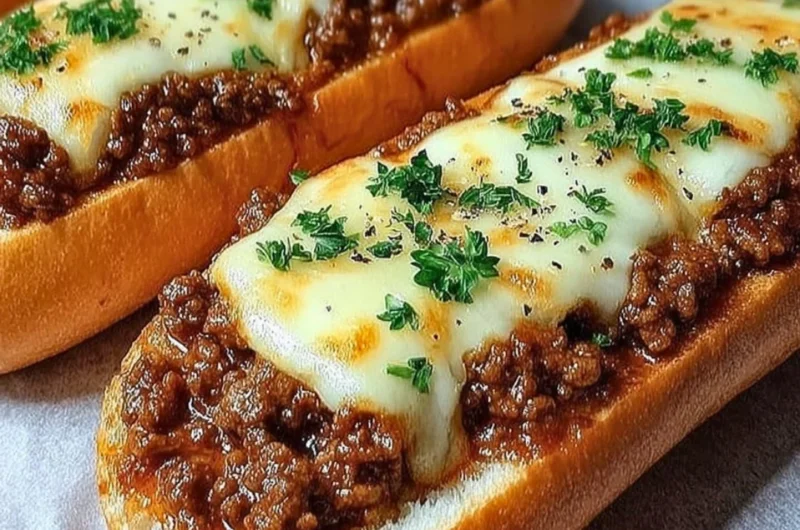 Italian garlic bread sloppy joes with melted cheese and sauce