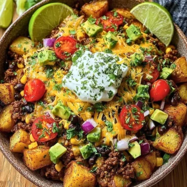 Loaded Potato Taco Bowl with toppings and ingredients displayed in a bowl