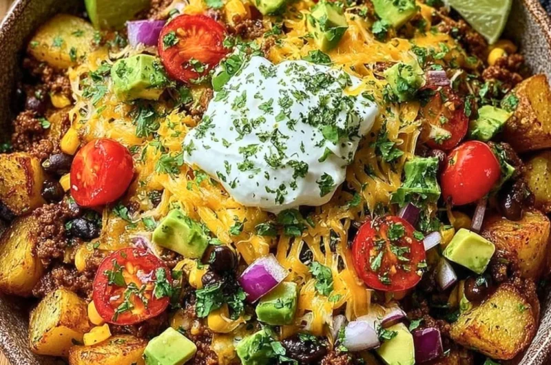 Loaded Potato Taco Bowl with toppings and ingredients displayed in a bowl