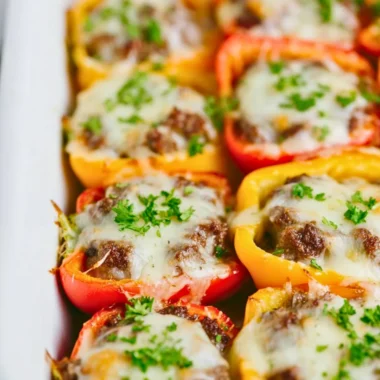Keto cheeseburger stuffed peppers served on a plate, garnished with fresh herbs.