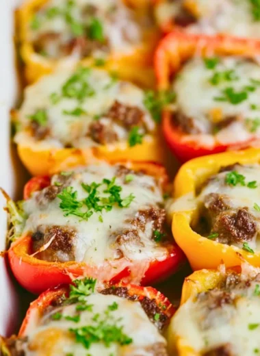 Keto cheeseburger stuffed peppers served on a plate, garnished with fresh herbs.