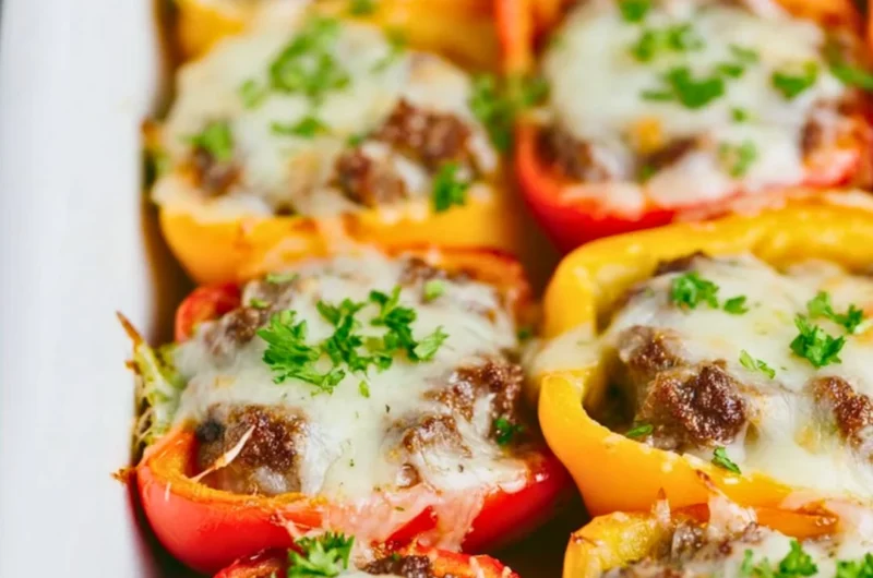 Keto cheeseburger stuffed peppers served on a plate, garnished with fresh herbs.