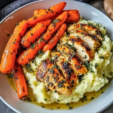 Delicious Garlic Herb Chicken served with mashed potatoes and glazed carrots