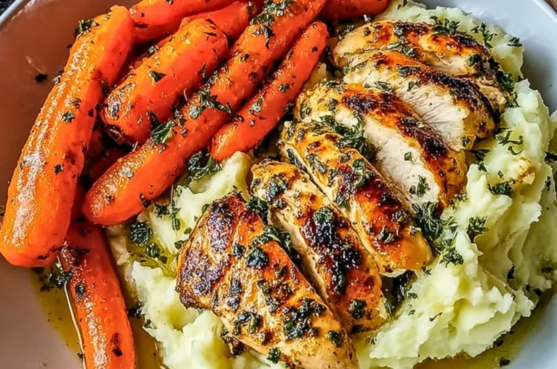 Delicious Garlic Herb Chicken served with mashed potatoes and glazed carrots