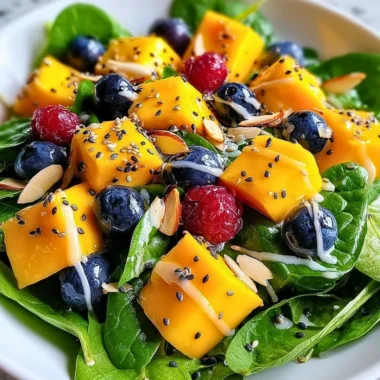Fresh mango salad with colorful vegetables and herbs