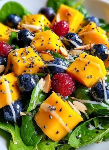 Fresh mango salad with colorful vegetables and herbs