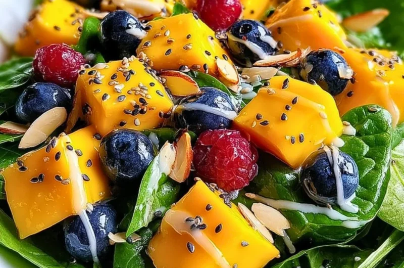Fresh mango salad with colorful vegetables and herbs