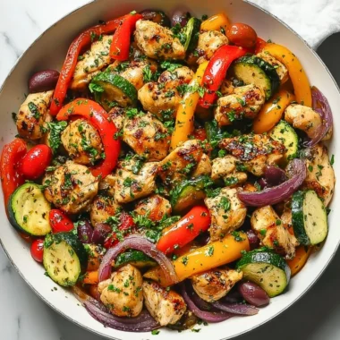 Delicious Mediterranean Chicken stir fry served on a plate with colorful vegetables.