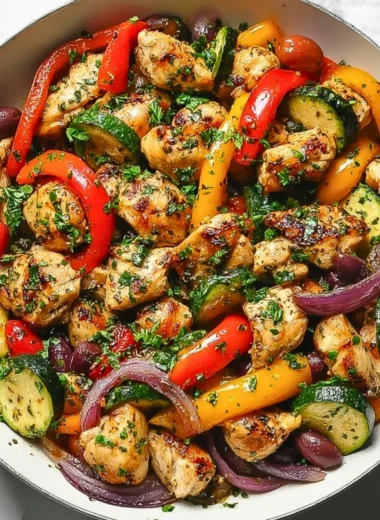 Delicious Mediterranean Chicken stir fry served on a plate with colorful vegetables.