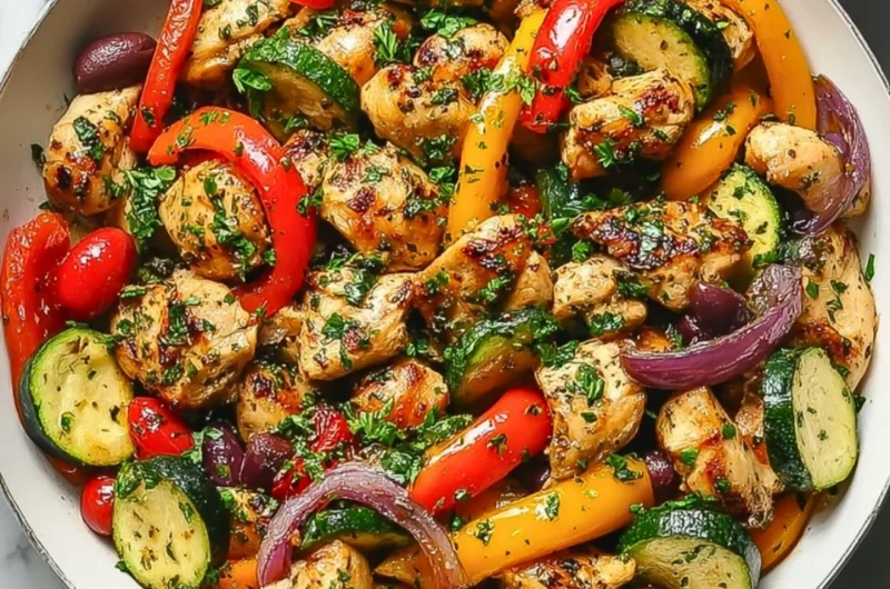 Delicious Mediterranean Chicken stir fry served on a plate with colorful vegetables.