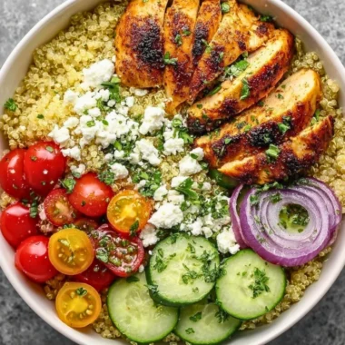 Mediterranean lemon chicken bowls with fresh vegetables and rice