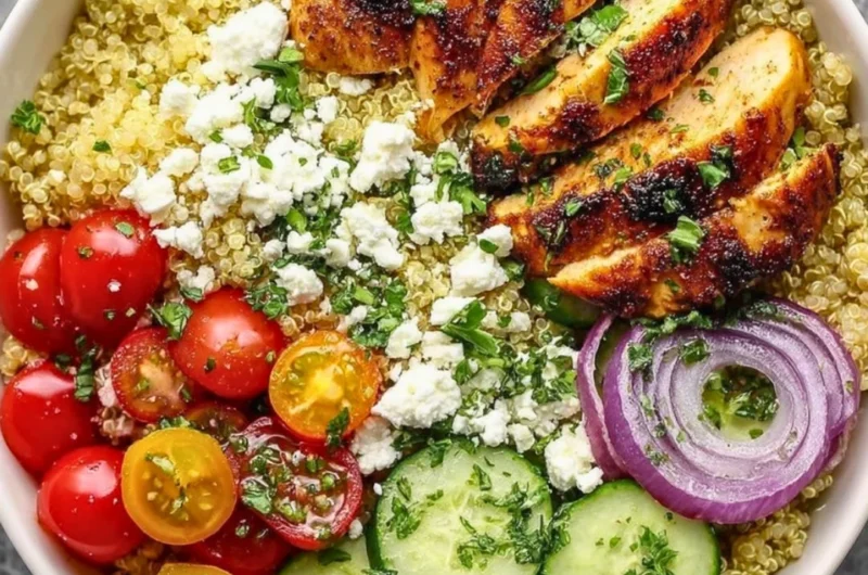Mediterranean lemon chicken bowls with fresh vegetables and rice