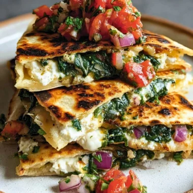 Mediterranean quesadillas with spinach, feta, mozzarella, and red onion on a plate