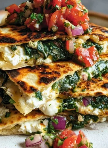 Mediterranean quesadillas with spinach, feta, mozzarella, and red onion on a plate
