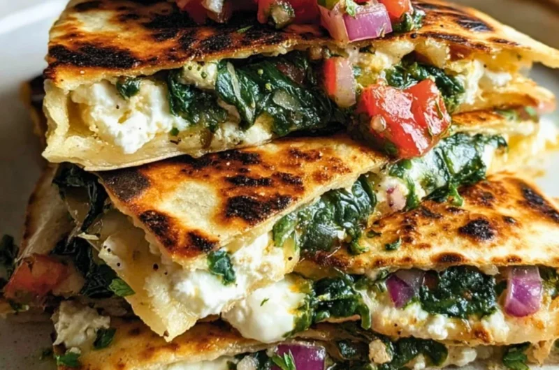 Mediterranean quesadillas with spinach, feta, mozzarella, and red onion on a plate