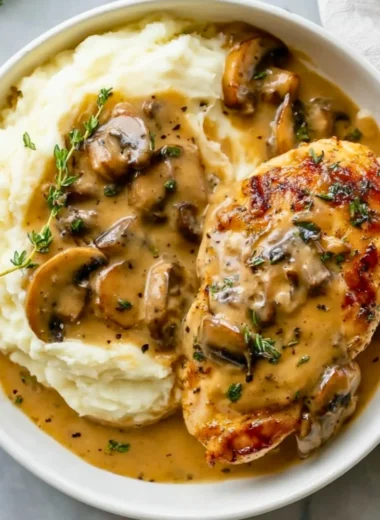 Delicious Mushroom Chicken dish served with creamy sauce and garnished with herbs.