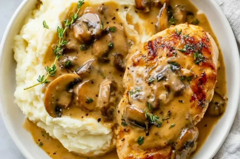 Delicious Mushroom Chicken dish served with creamy sauce and garnished with herbs.