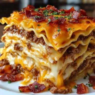 Parmesan Garlic Bacon Cheeseburger Lasagna served on a plate with garnish