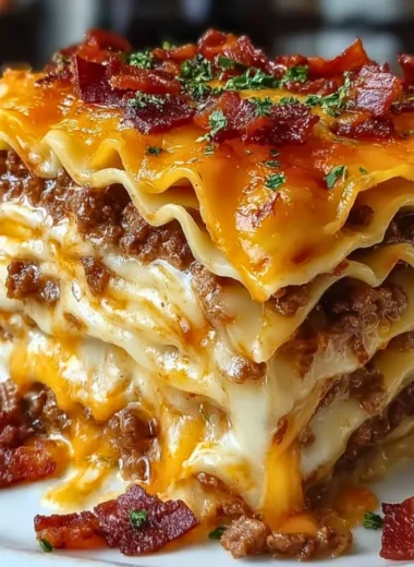 Parmesan Garlic Bacon Cheeseburger Lasagna served on a plate with garnish