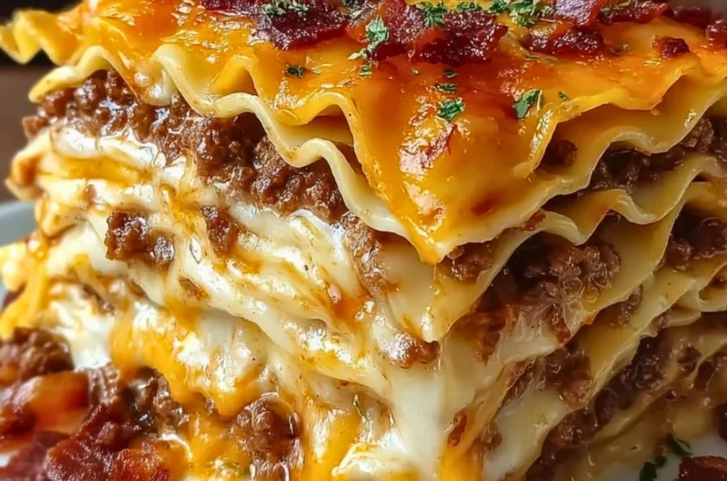 Parmesan Garlic Bacon Cheeseburger Lasagna served on a plate with garnish