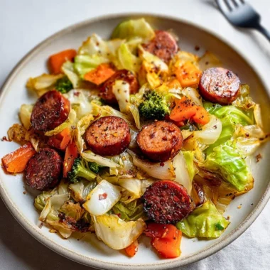 Sausage and Cabbage Stir Fry served in a skillet